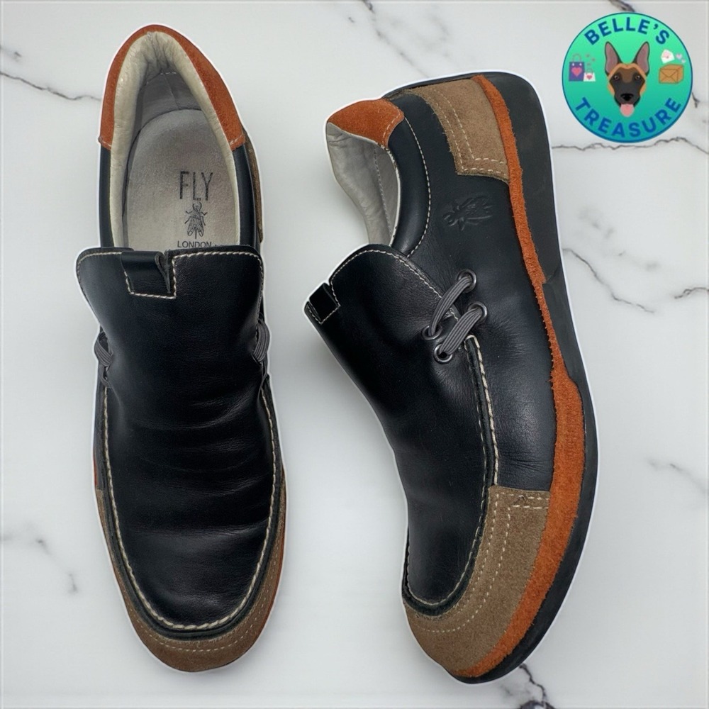 Fly London Shoes Mens 42 Eu 9 Us Loafer Black Leather‎ Boat Shoe Casual Slip On